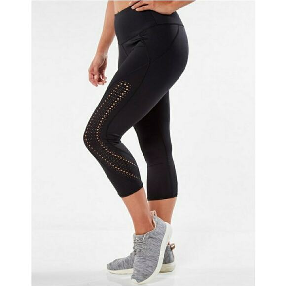 Ruby Ribbon Leggings Womens Small Black Laser Cut Cropped Athletic Capri Active - Picture 2 of 9